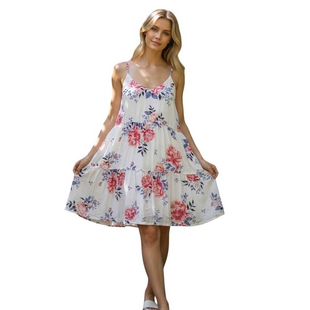 Floral Tiered Mini Sun Dress White Pink Blue Cutout Back Viscose Size M breezy